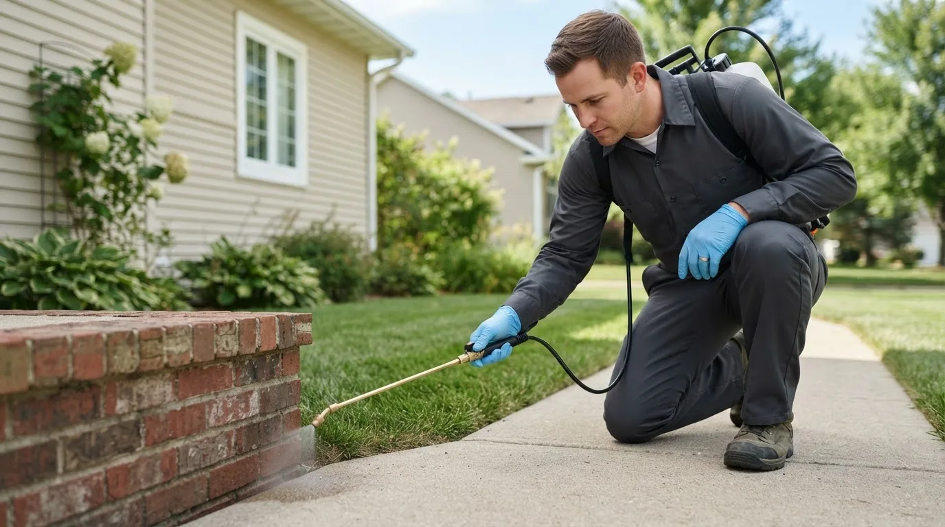 Pest control technician treating a home near Fort Worth, TX